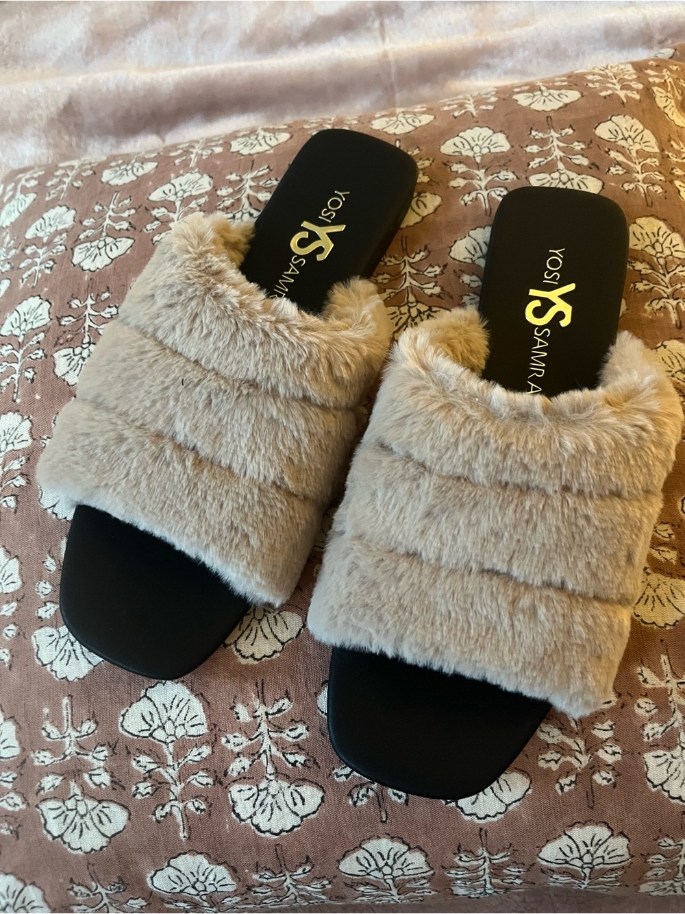 Yosi Samra Beige Faux Fur Slide Sandals